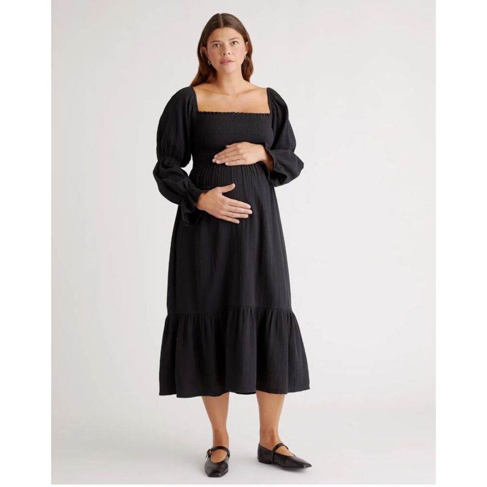Quince Organic Cotton Gauze Maternity Smocked Ruffle Hem Midi Dress Black XS